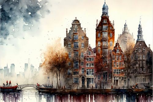 Amsterdam cityscape watercolour painting.