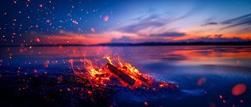 Campfire by the lake at sunset by Poster Art Shop