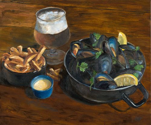 Mosselen met bier en friet olieverf