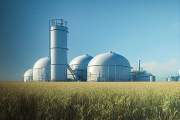 Biogasanlage vor einem Getreidefeld Illustration von Animaflora PicsStock