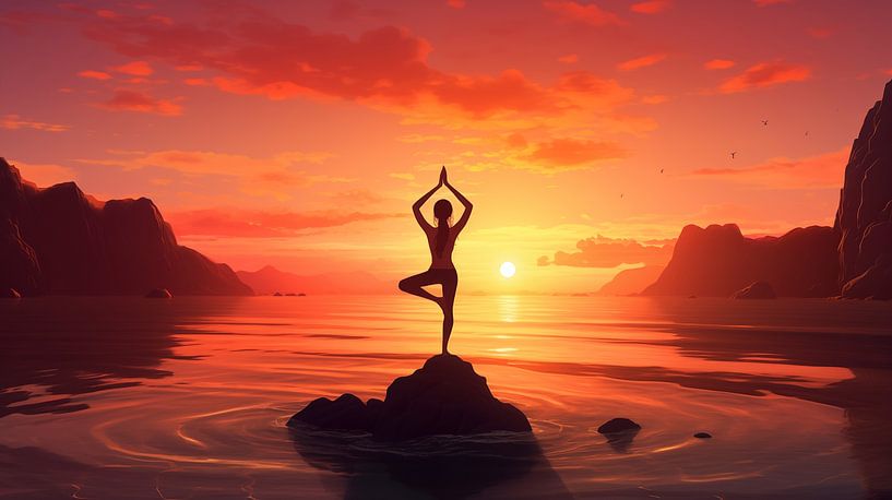 Frauensilhouette macht Yoga am Strand bei Sonnenuntergang von Animaflora PicsStock