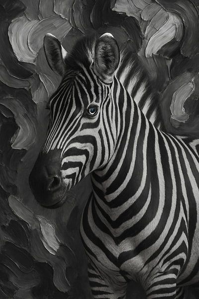 Zebra im Kontrast - schwarz-weiße Kunst mit blauem Blick von Kleurenrijk