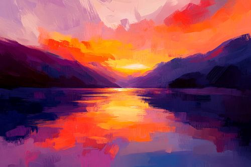 Coucher de soleil fantaisiste au bord d'un lac