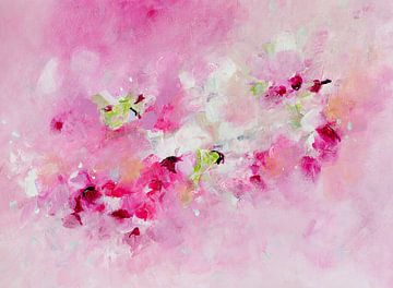 Fairy Whispers - abstract schilderij met impressie van roze bloemen van Qeimoy