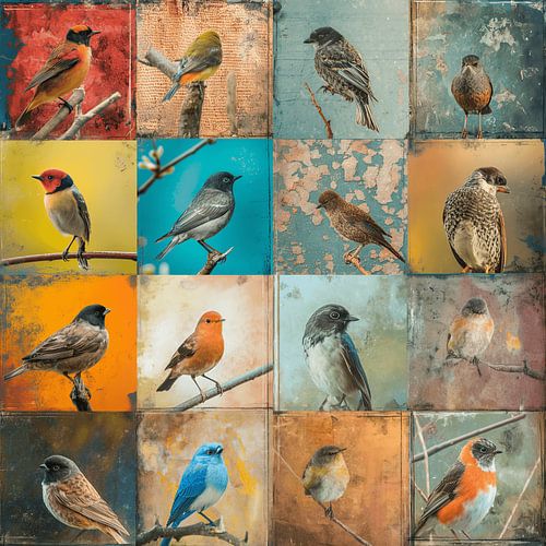 Collage van allerlei verschillende vogels in diverse stijlen