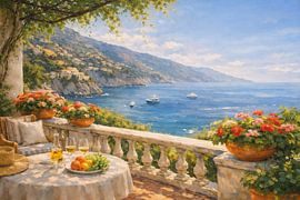 Mediterrane Terrasse mit Blick auf das blaue Meer