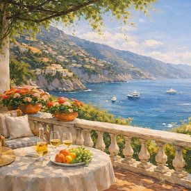 Mediterrane Terrasse mit Blick auf das blaue Meer von Dodik Hariyono