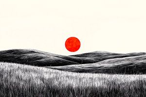 Abstract landschap met rode zon