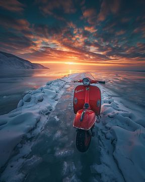 Rode Vespa in het ijs van fernlichtsicht