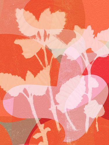 Scandinavisch botanisch abstract. Bladeren in oranje, roze, rood.