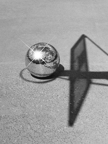 Dunkin’ Disco - Basketball Hoop And Shiny Discoball Art Print - Black White Film Photography