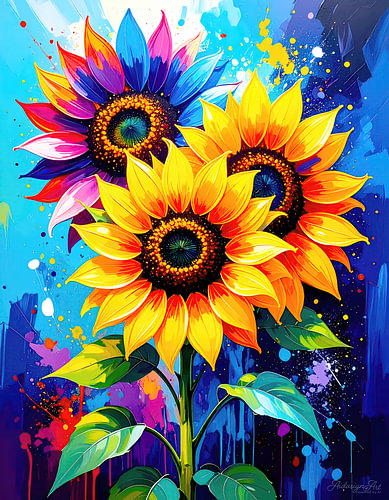 Zonnebloemen in levendige kleuren en abstracte bloemkracht