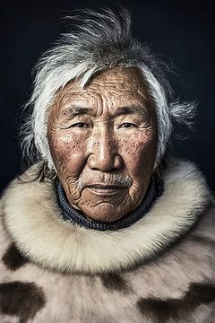 Inuit portret: witharige oudere met bontjas van Frank Heinz