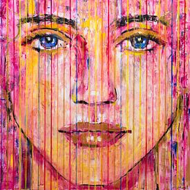 Goldene rosa Dame | Gemälde Porträt Frau mit Streifen von Anja Namink - Gemälde