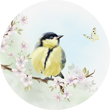 Juveniel koolmeesje op bloesemtak