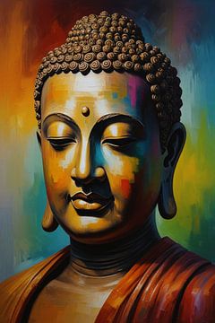 Buddha in Meditation mit bunter Palette von De Muurdecoratie