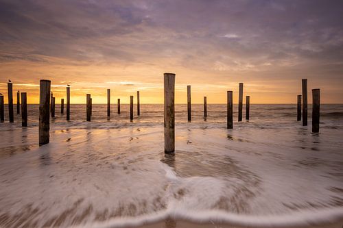 Petten palendorp op het strand in het water van de zee