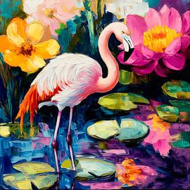 Flamingo in a blooming pond by Poster Art Shop