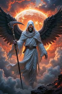 Dark Fantasy Wandbild: NOXARIS - Der weiße Sensenmann im Licht des Sonnenuntergangs