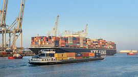 Cargo container ship at a container terminal in Rotterdam port
