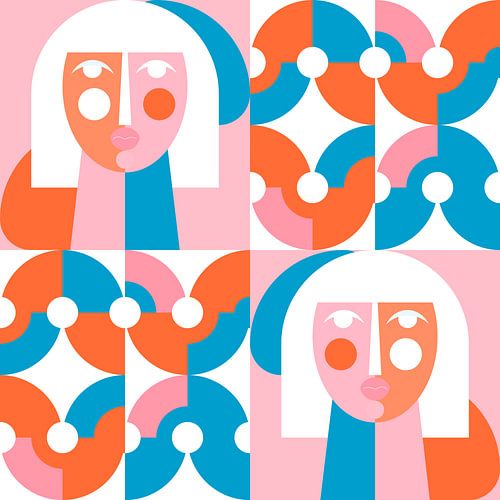 Retro pop meisjes in oranje, roze en blauw. Moderne geometrie