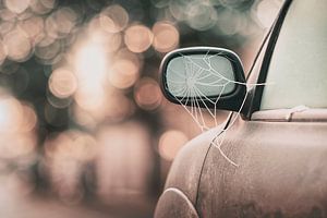 Winter Nahaufnahme: Auto mit Reif und Spinnennetz - Verzauberte Eislandschaft