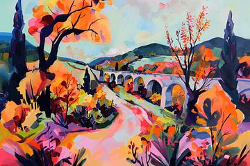 Kleurrijk landschap met oude stenen brug