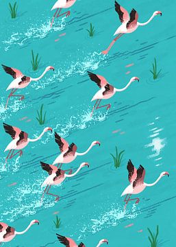 Flamingos taking off by Eduard Broekhuijsen