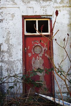 Oude verweerde rode voordeur van Blond Beeld