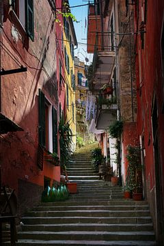 Smalle trap tussen kleurrijke huizen in de oude stad van Mont van Maren Winter