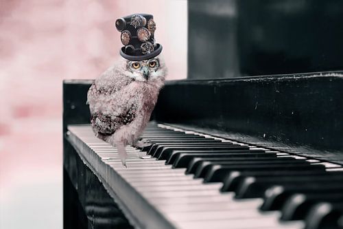 Steampunk-Eule auf altem Klavier - Einzigartige Dekoration für Vintage-Interieurs von Elianne van Turennout