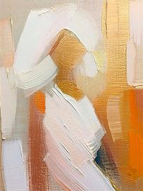 Abstract painting: Woman in white with Gold, Orange and Brown. by Studio Pieternel