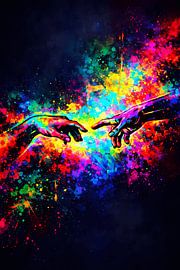 The Creation of Adam in a neon splash style – A modern abstract mural inspired by Michelangelo