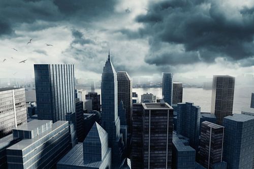 Stadsgezicht met hoge gebouwen voor stormachtige wolken
