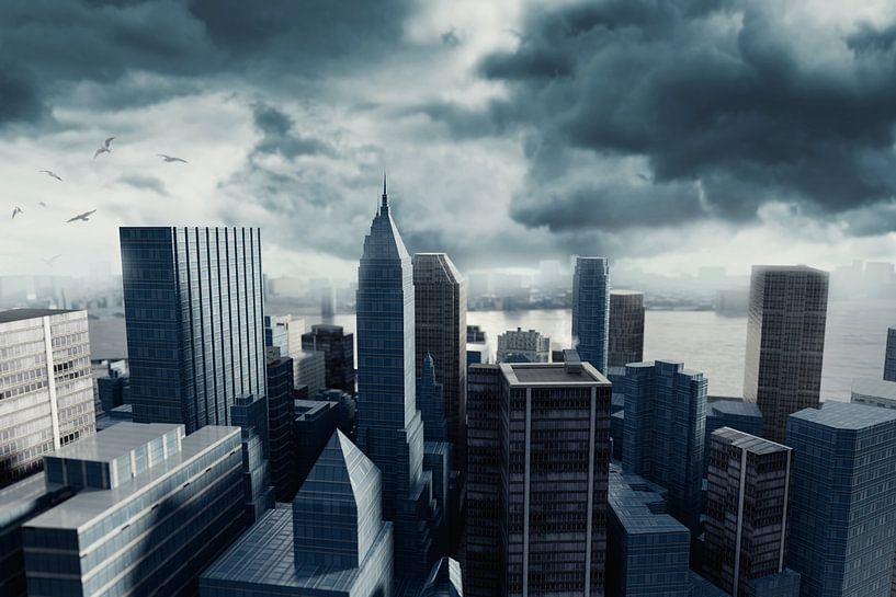 Cityscape with tall buildings in front of stormy clouds by Besa Art