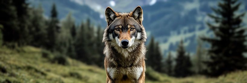 Strong wolf with powerful gaze in a breathtaking mountain landscape by Digitale Schilderijen