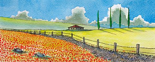 Paysage de collines toscanes avec coquelicots | Aquarelle