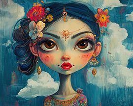 Fille rêveuse avec des fleurs sur Peintures accrocheuses