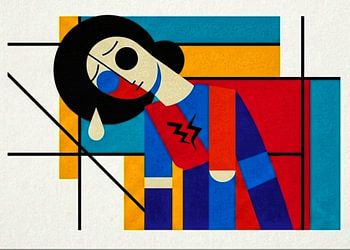 Abstract Geometric Portrait of a Sad Crying Woman Heartbreak Theme