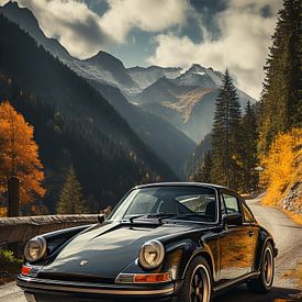 Schwarzer Porsche in Berglandschaft_5 von Bianca Bakkenist