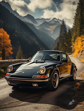 Schwarzer Porsche in Berglandschaft_5 von Bianca Bakkenist