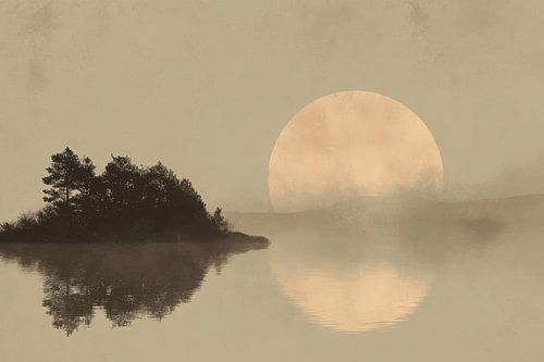 Volle maan over meer - Japans landschap