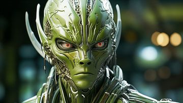 Portret van een futuristische groene buitenaardse cyborg man met rode ogen van Animaflora PicsStock