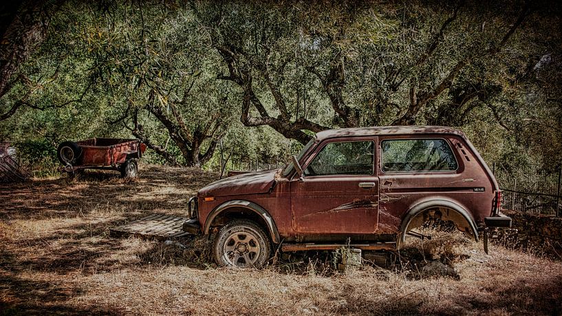 Old car and trailer in olive grove. by Rene van Heerdt