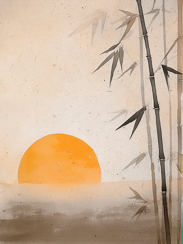 Zen Art. Bamboe en zonsondergang in rustige tinten
