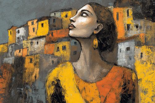 Dreaming woman in a vibrant city