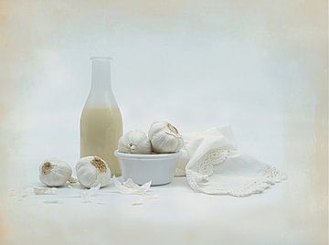 Still life with garlic , milk, and cream shades . by Saskia Dingemans