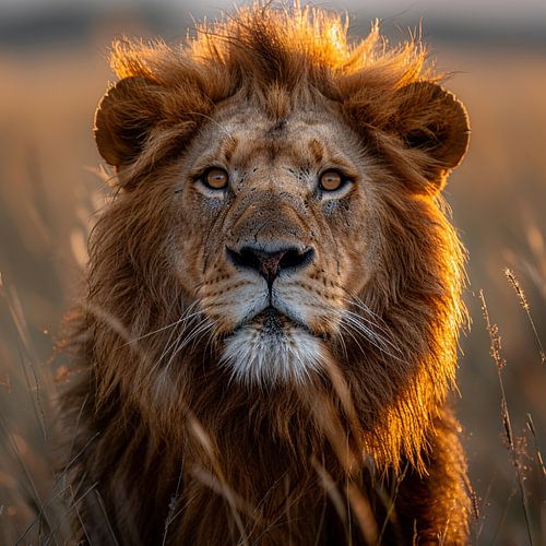 Le majestueux roi des lions de la savane dans l'herbe sèche
