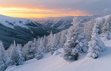 Wintermagie, bos, zonsopgang van fernlichtsicht