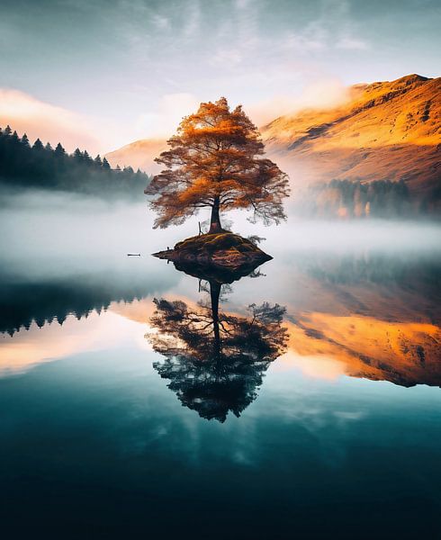 Boom in de zonsopgang van fernlichtsicht